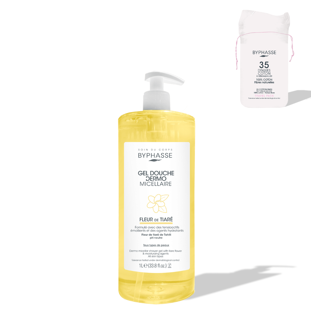BYPHASSE - GEL DOUCHE DERMO MICELLAIRE FLEUR DE TIARE 1L + 35 DISQUES OFFERTS