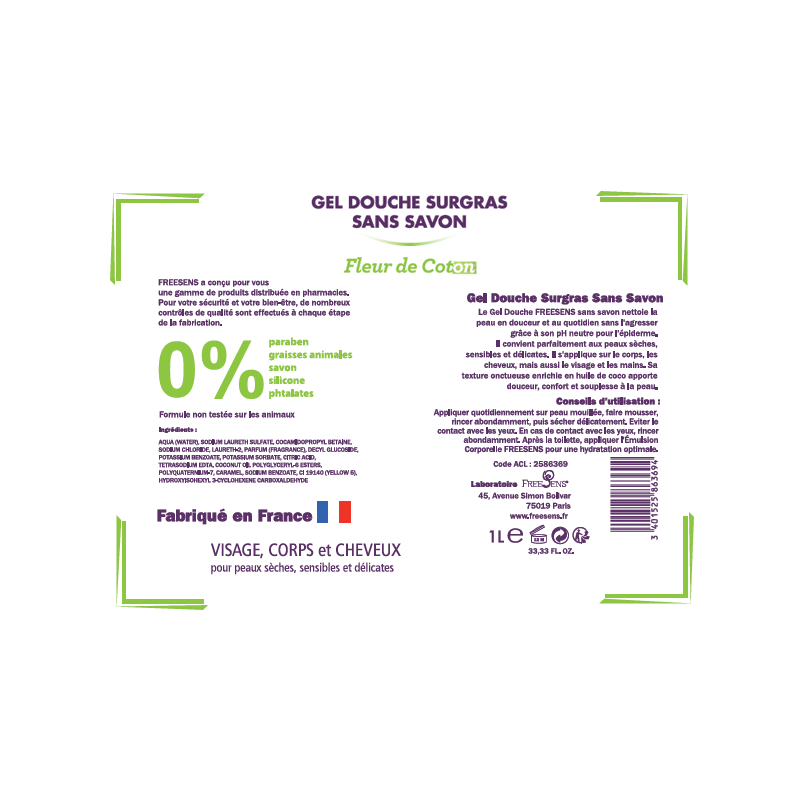 FREESENS - LOT DE 2 GELS DE DOUCHE SURGRAS SANS SAVON FLEUR DE COTON - 2X1L