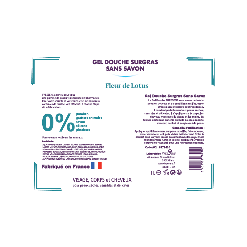 FREESENS - LOT DE 2 GELS DOUCHE SURGRAS SANS SAVON- FLEUR DE LOTUS-2X1L