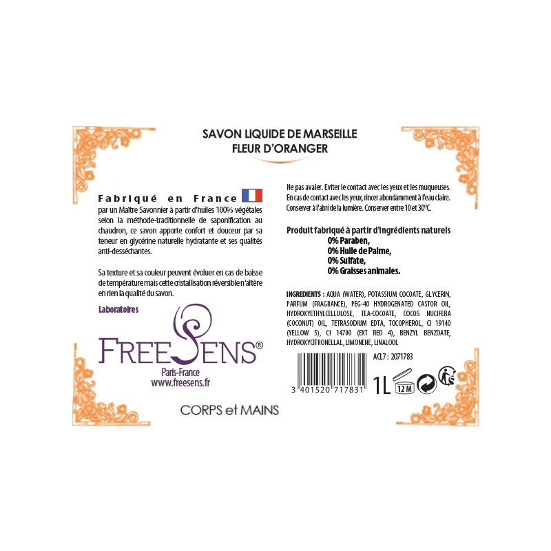 FREESENS - LOT DE 2 SAVONS LIQUIDE DE MARSEILLE FLEUR D'ORANGER - 2X1L