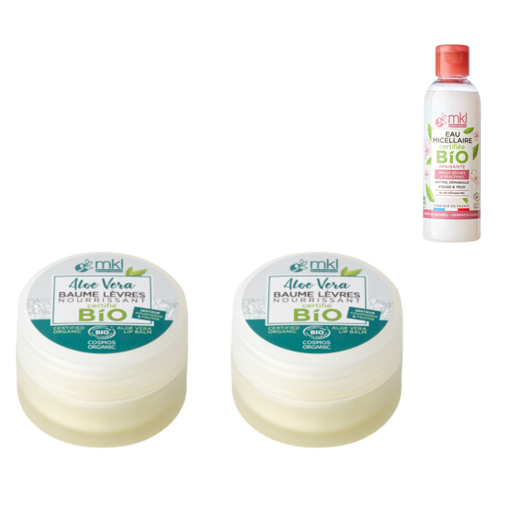 MKL - LOT DE 2 BAUMES A LEVRES ALOE VERA 2X10ML + 1 EAU MICELLAIRE OFFERTE*