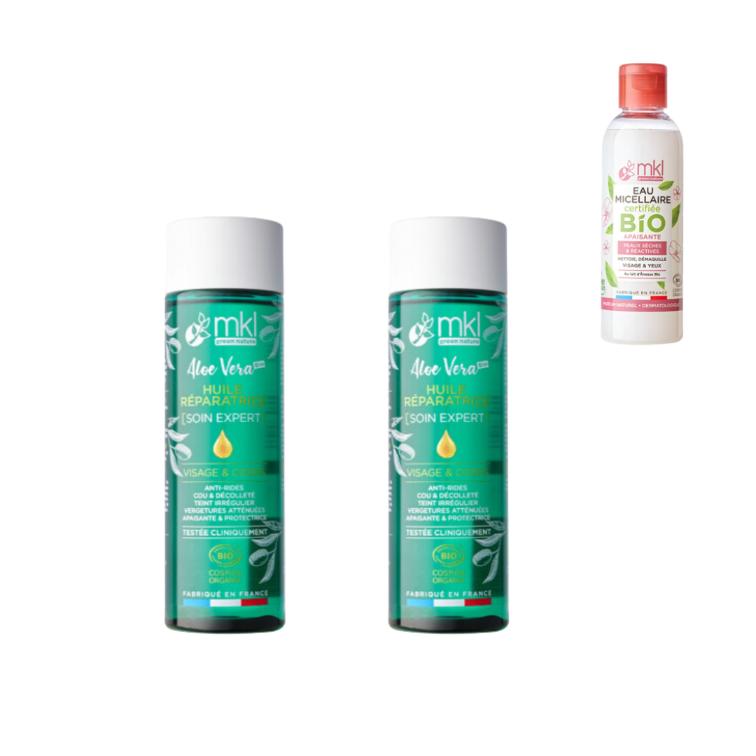 MKL - LOT DE 2 HUILES REPARATRICES ALOE VERA 2X200ML + 1 EAU MICELLAIRE OFFERTE