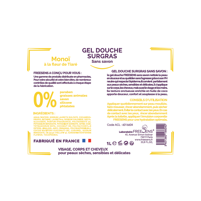 FREESENS - LOT DE 2 GELS DOUCHE SURGRAS SANS SAVON FLEUR DE MONOI - 2X1L