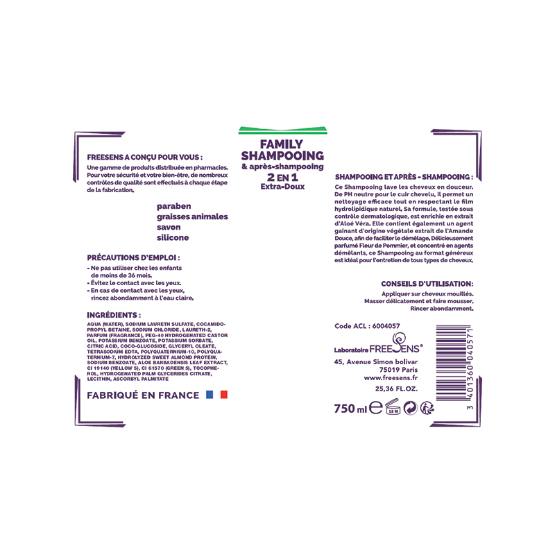 FREESENS - LOT DE 2 SHAMPOING FAMILY 2EN1 ALOE VERA - 2X750ML