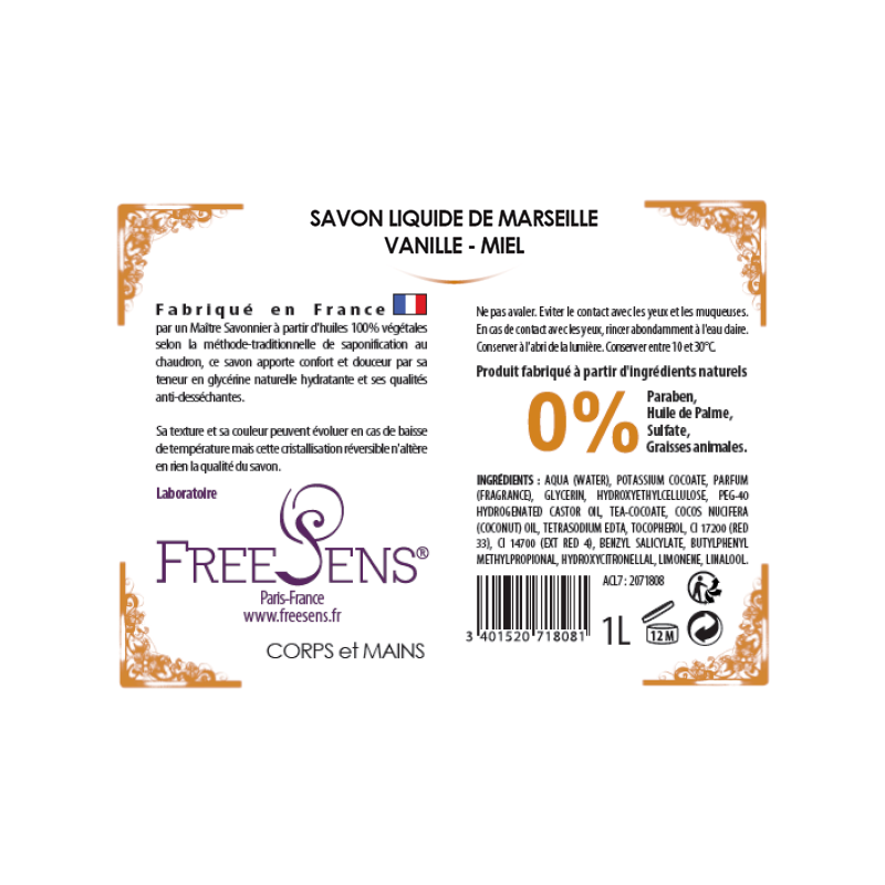 FREESENS - LOT DE 2 SAVONS LIQUIDE VANILLE MIEL - 2X1L