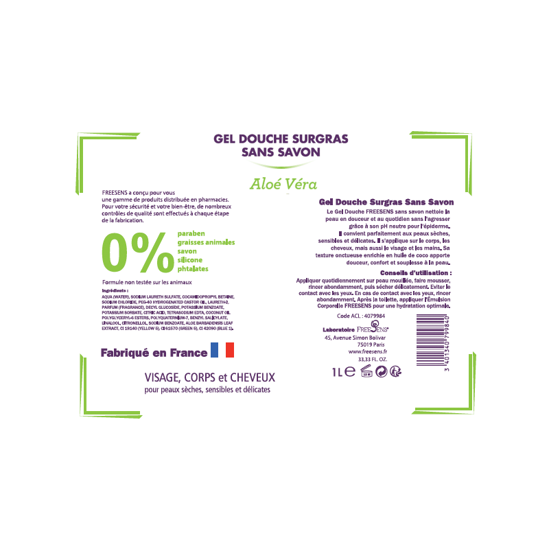 FREESENS - LOT DE 2 GELS DOUCHE SURGRAS SANS SAVON ALOE VERA BIO- 2X1L