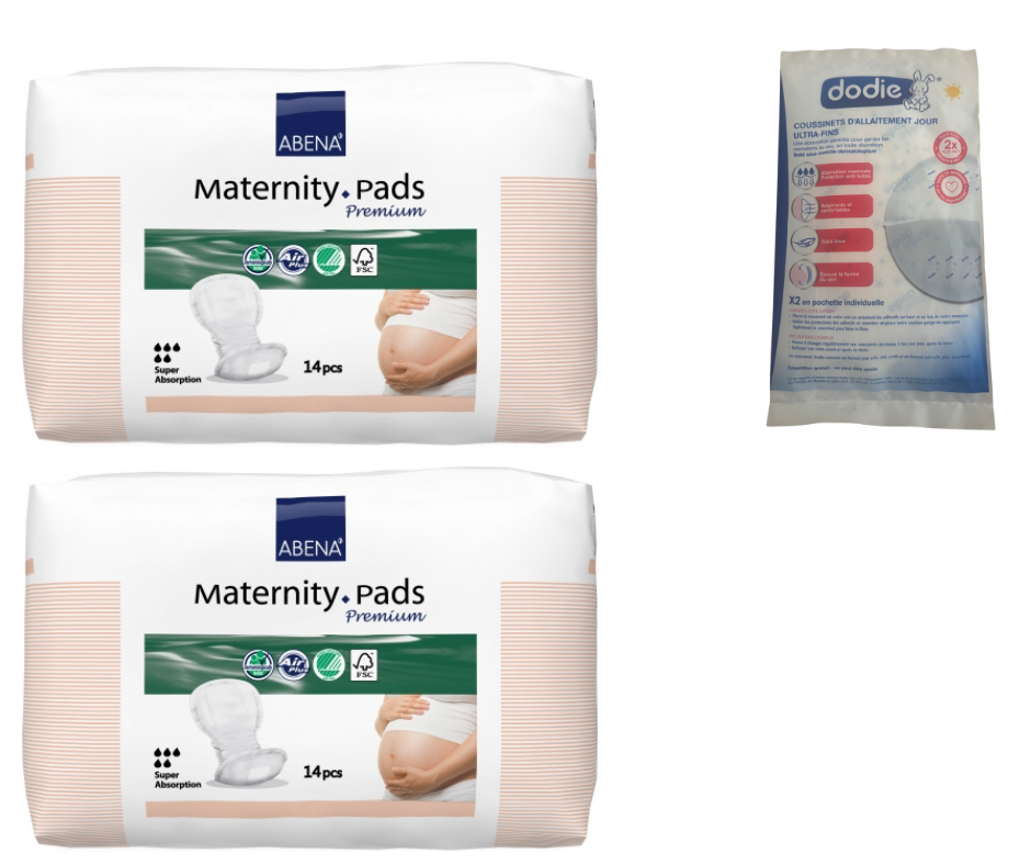 ABENA PREMIUM - LOT DE 2X14 SERVIETTES HYGIENIQUES DE MATERNITE + 2 COUSSINETS D'ALLAITEMENT OFFERTS