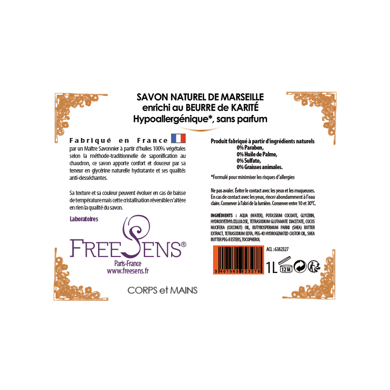 FREESENS - LOT DE 2 SAVONS LIQUIDE DE MARSEILLE KARITE - 2X1L