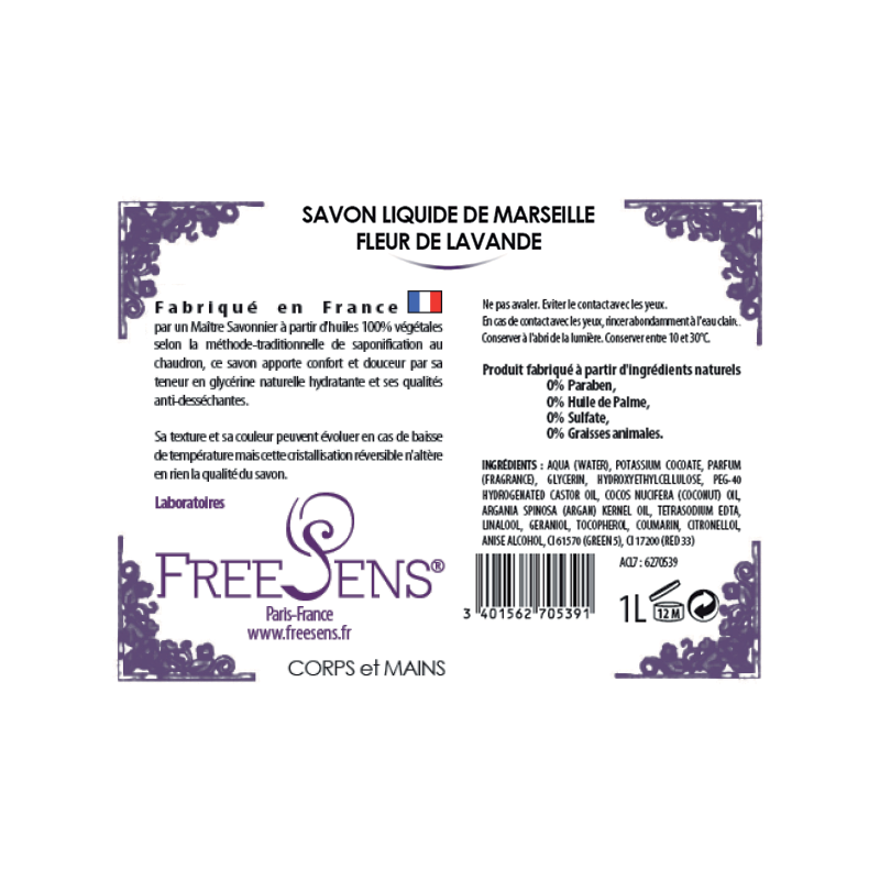FREESENS - LOT DE 2 SAVONS LIQUIDE DE MARSEILLE FLEUR DE LAVANDE - 2X1L