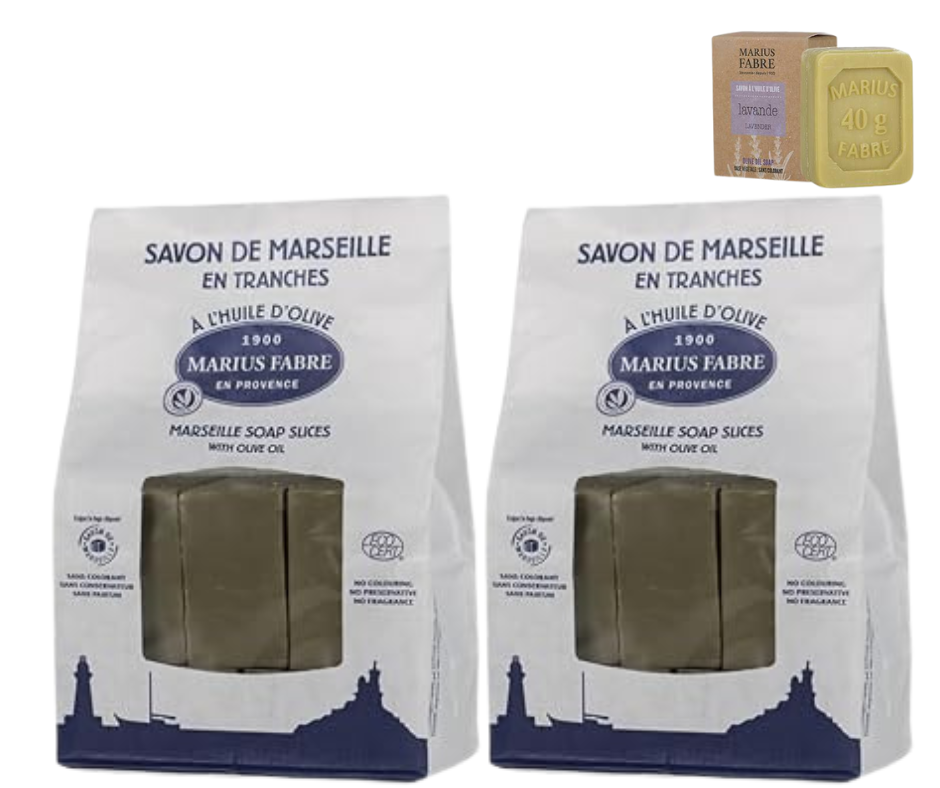 Marius Fabre -LOT DE 2 SAVONS DE MARSEILLE A L'HUILE D'OLIVE EN TRANCHES - 2X1KG + 1 SAVONNETTE 40G OFFERTE