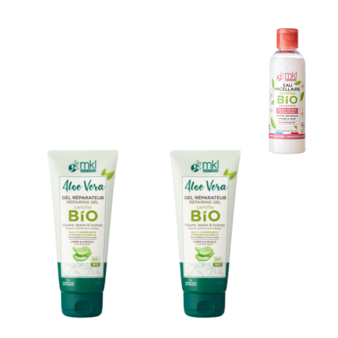 MKL - LOT DE 2 GELS REPARATEURS ALOE VERA BIO 100ML + 1 EAU MICELLAIRE 100ML OFFERTE*