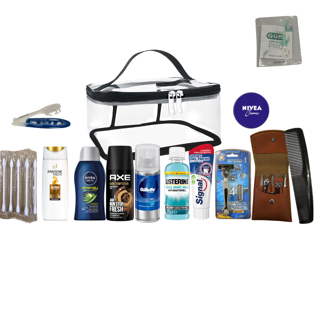 TROUSSE VOYAGE HOMME - 1 VANITY + 12 PRODUITS + 1 BROSSE INTERDENTAIRE OFFERTE
