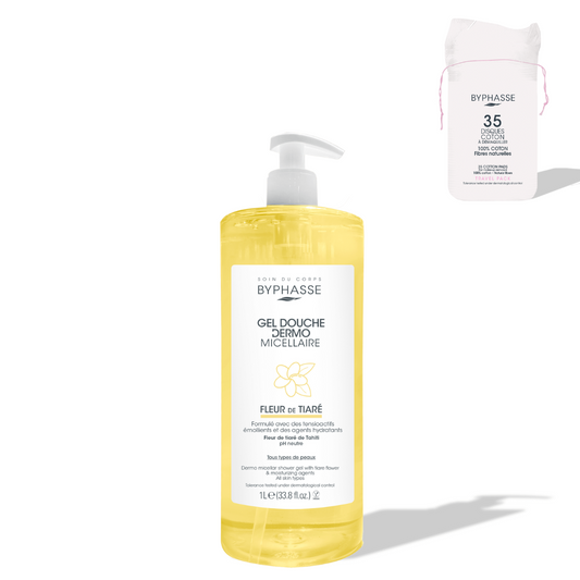 BYPHASSE - GEL DOUCHE DERMO MICELLAIRE FLEUR DE TIARE 1L + 35 DISQUES OFFERTS