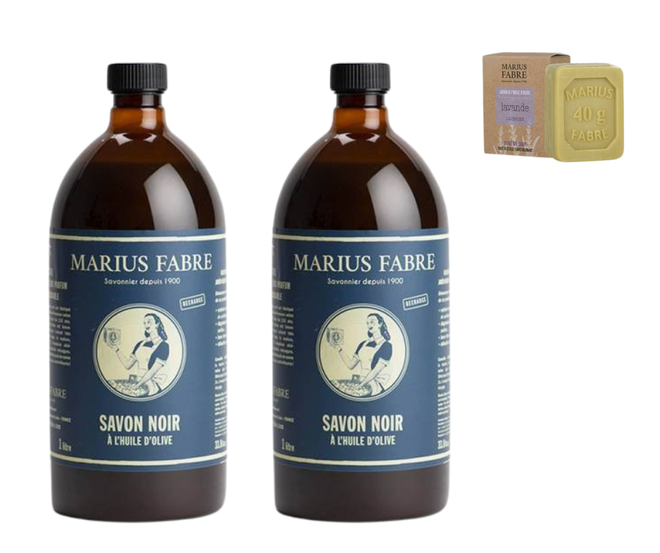 MARIUS FABRE - DUO DE SAVON NOIR LIQUIDE A L'HUILE D'OLIVE - 2X1L + 1 MINI SAVONNETTE 40G OFFERTE