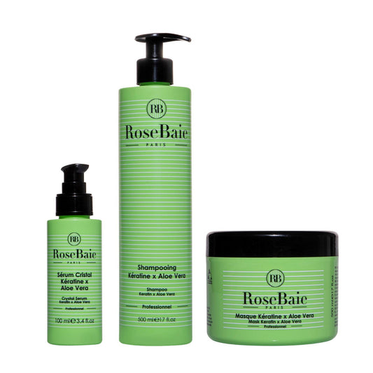 ROSEBAIE - KERATINE & ALOE VERA - 1 SHAMPOING 500ML + 1 MASQUE 500ML + 1 SOIN 100ML + 1 CHOUCHOU OFFERT
